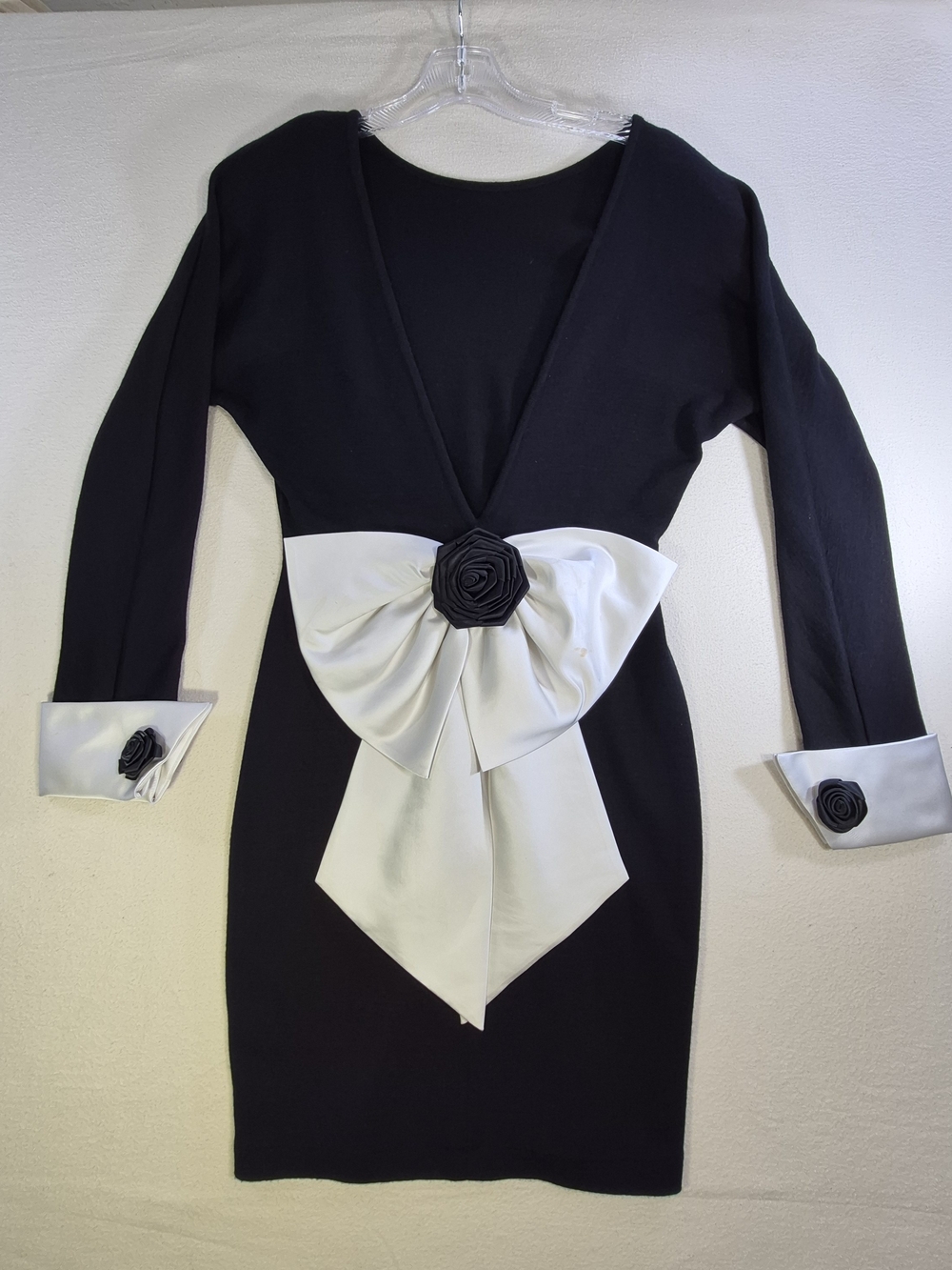Andrea Jovine Black & White Bow-Front V-Neck Mini Dress